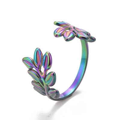 Ion Plating(IP) Rainbow Color 304 Stainless Steel Leaf Open Cuff Ring for Women
