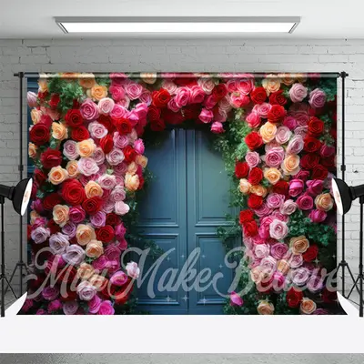 Pind Red Rose Green Leaves Blue Door Photo Backdrop - Aperturee