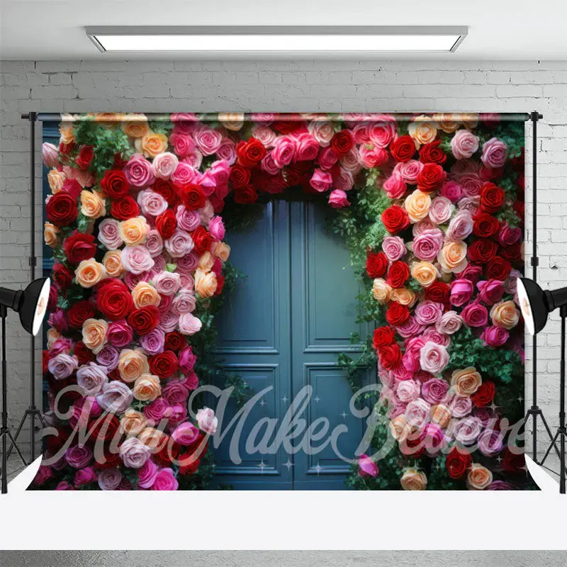 Pind Red Rose Green Leaves Blue Door Photo Backdrop - Aperturee