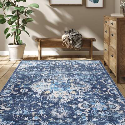 Garvee Washable Rugs 5x7 Rug for Living Room Distressed Vintage Rug for Bedroom Tribal Medallion Office Rug Low Pile Neutral ...