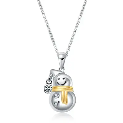 Sterling Silver Two-tone Circular Shaped Cubic Zirconia Snowman Pendant Necklace