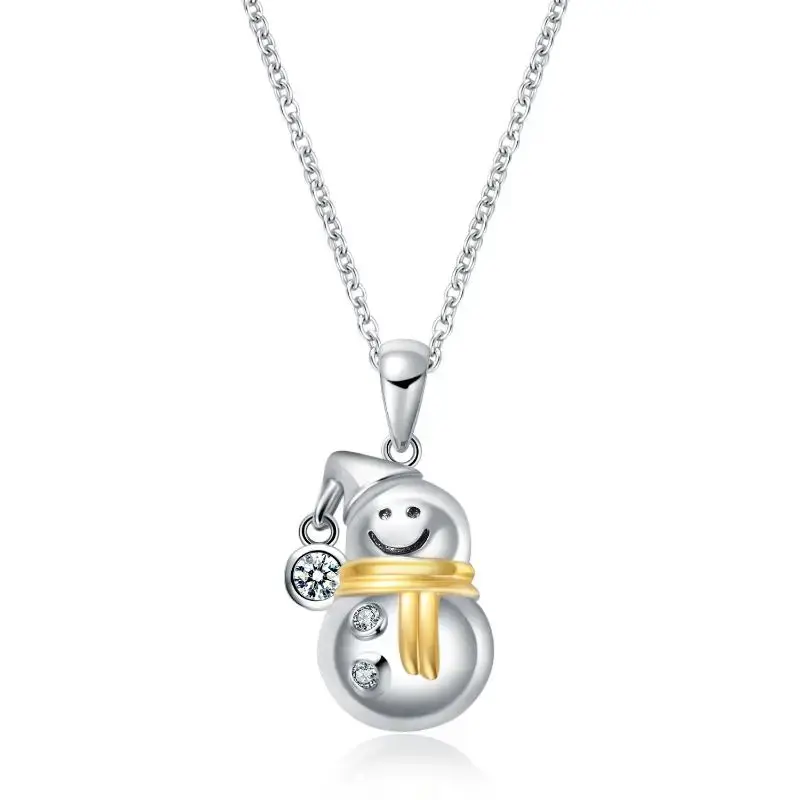 Sterling Silver Two-tone Circular Shaped Cubic Zirconia Snowman Pendant Necklace