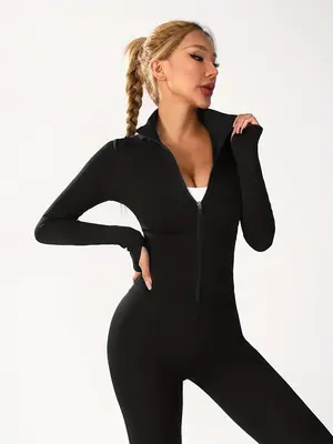 Women's Solid Zip Up Thumb Hole Sports Jacket, Plain Long Sleeve Stand Collar Sports Outerwear for Gym Workout Running, Women...