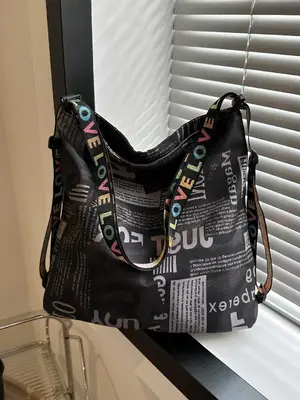 Fashion Spring Letter Pattern Tote Bag,  Large Capacity Shoulder Bag for Commute Travel, Casual All-match Commuter Bag for ...