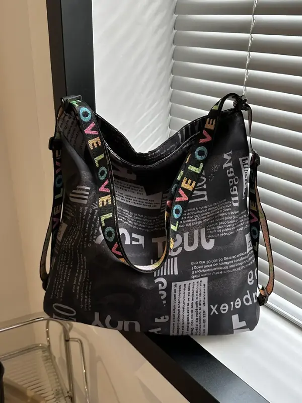 Fashion Spring Letter Pattern Tote Bag, Large Capacity Shoulder Bag for Commute Travel, Casual All-match Commuter Bag for ...