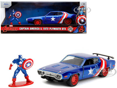 1972 Plymouth GTX Candy Blue with Red and White Stripes and Captain America Diecast Figure \