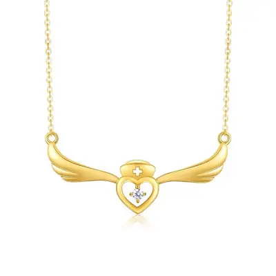 14K Gold Cubic Zirconia Angel Wing & Heart Pendant Necklace