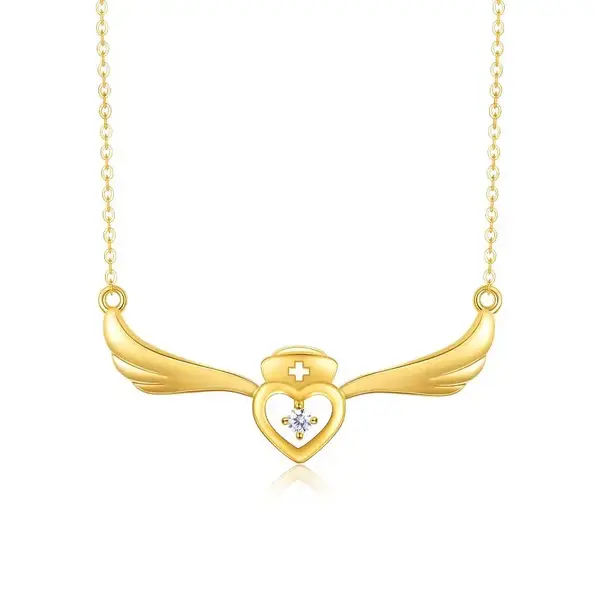 14K Gold Cubic Zirconia Angel Wing & Heart Pendant Necklace