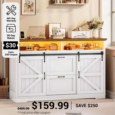SEDETA 47.2 Inch File Cabinet 2 Drawers Farmhouse Filing Cabinets for A4 File with Barn Door Power Outlets Printer Stand LED ...