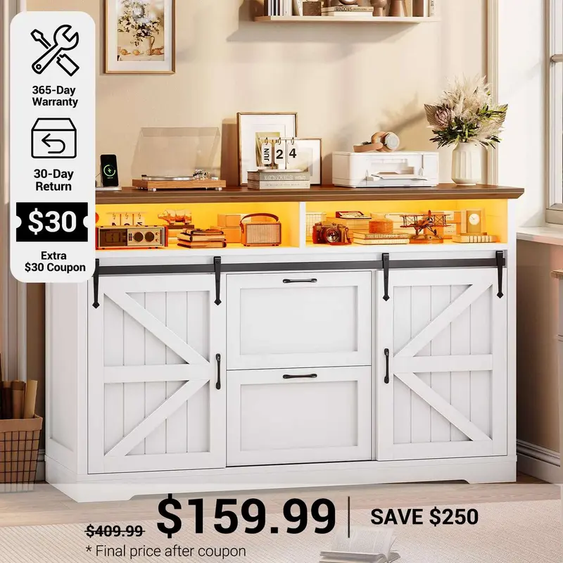 SEDETA 47.2 Inch File Cabinet 2 Drawers Farmhouse Filing Cabinets for A4 File with Barn Door Power Outlets Printer Stand LED ...