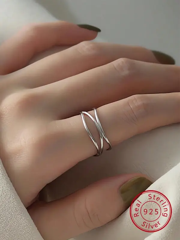 925 Sterling Silver Sterling Silver Layered Irregular Crossed Design Ring, Trendy Jewelry for Party, Daily Clothing Decor, Ex...