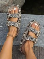 Women's Leopard Print Double Band Slides, Casual Comfortable Home Slippers, Non-slip Beach Slippers, Soft Slippers for Indoor...