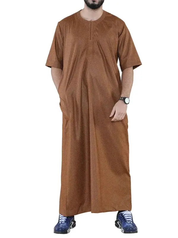 Men's Solid Color Round Neck Robe, Casual Half Sleeve Robe for Spring & Fall, Men's Islamic Modesty Clothing for Daily Wear