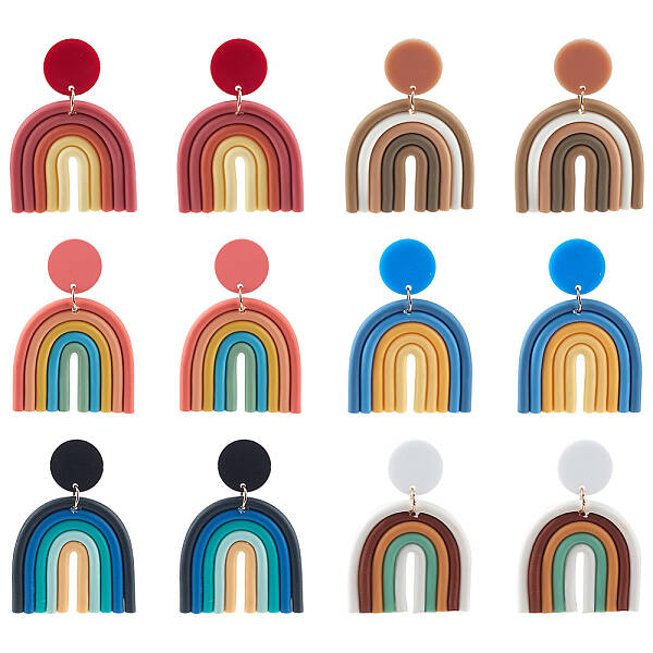 6 Pairs 6 Colors Polymer Clay Arch Dangle Stud Earrings for Women