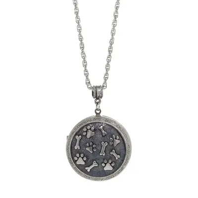 Silver Tone Blue Enamel Round Paw and Bones Necklace 28