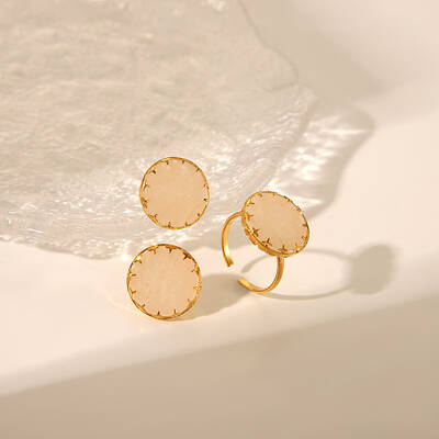 Flat Round Natural Rose Quartz Cuff Ring & Stud Earrings Sets