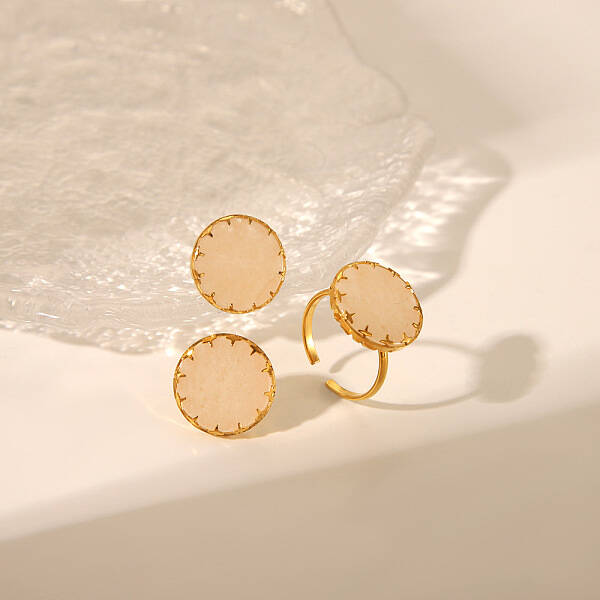Flat Round Natural Rose Quartz Cuff Ring & Stud Earrings Sets