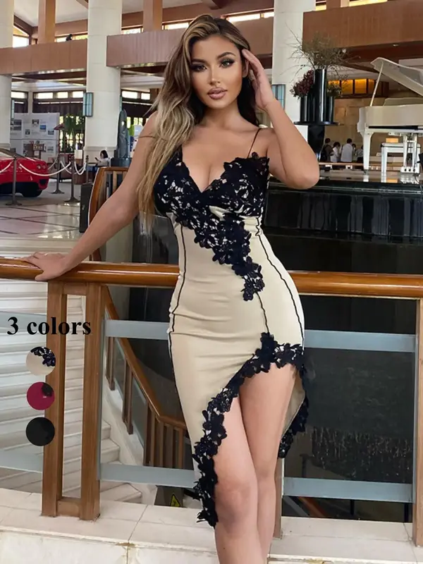 Women's Contrast Lace Bodycon Formal Dress, Dresses for Women, Casual Elegant Chic Style Spaghetti Strap Cami Dress for Party...