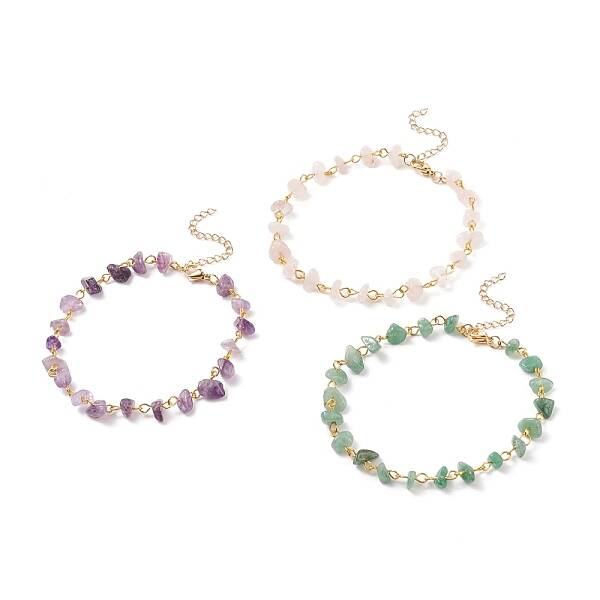 Gemstone Chips Beaded Anklet with 304 Stainless Steel Chains for Women