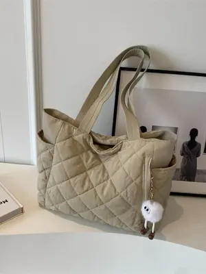 Women's Solid Quilted Tote Bag, Fashionable Large Capacity Shoulder Bag for Daily Used, Casual Trendy Versatile High-quality ...