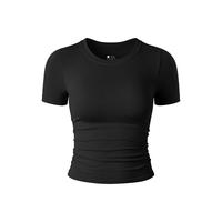 OYV Women's Short Sleeve Round Neck Pleated Elastic T-shirt Crop Top