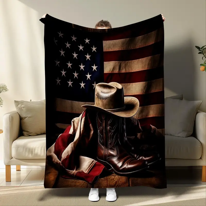 American Flag & Cowboy Hat Pattern Blanket, 1 Count Soft Throw Blanket, Air-conditioned Room Blanket for Home Office Travel C...