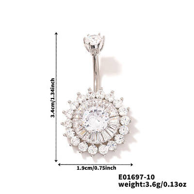 Chic Flower Brass Full Crystal Rhinestone Curved Barbell Belly Button Rings with Shiny Delicate Design