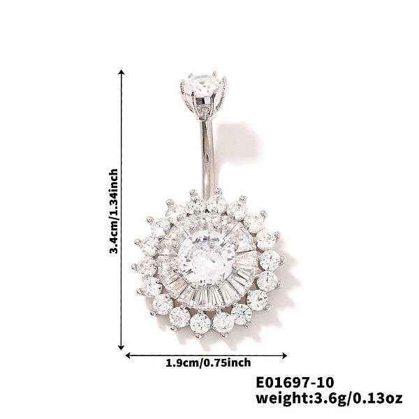 Chic Flower Brass Full Crystal Rhinestone Curved Barbell Belly Button Rings with Shiny Delicate Design