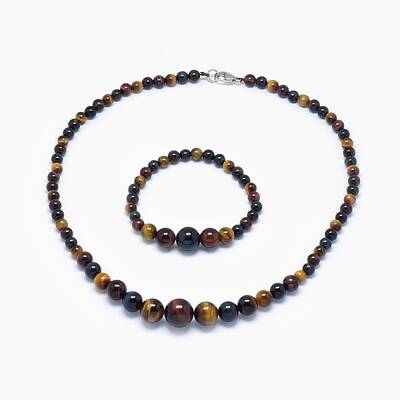 Natural Tiger Eye Graduated Beads Necklaces and Bracelets Jewelry Sets