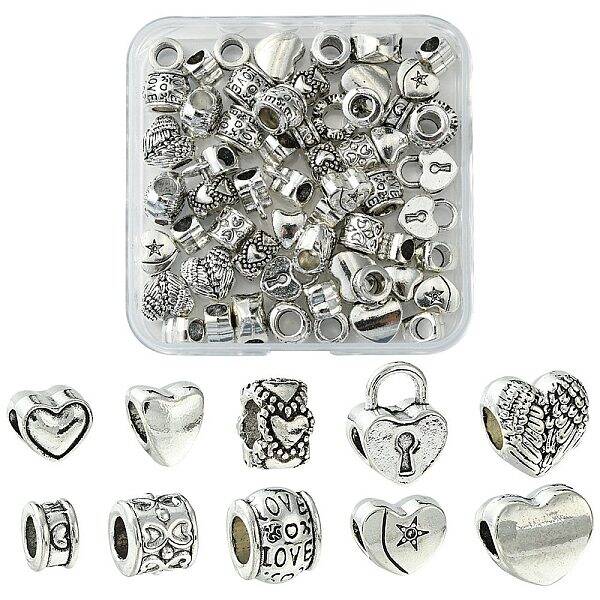 60Pcs 10 Styles Tibetan Style Alloy European Beads