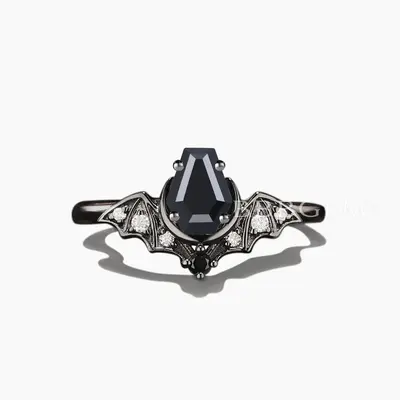 Coffin Natural Black Onyx Diamond Gothic Black Bat Engagement Ring