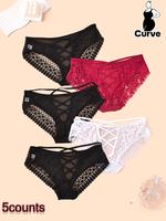 【Plus Size】 Floral Lace Criss Cross Panty, Soft Comfy Breathable Curvy Sheer Knicker for Daily Wear, Women's Underwear fo...