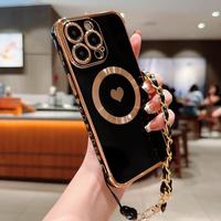 Magnetic Side Phone Case with Chain, Heart Pattern Phone Protective Cover, Phone Accessories Compatible with iPhone 11 12 13 ...
