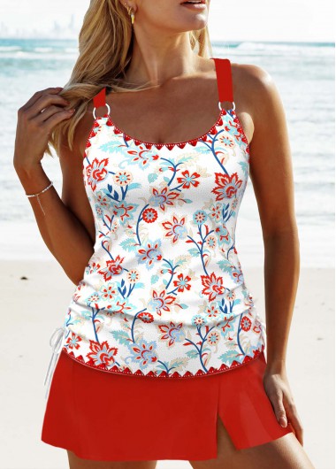 Modlily Circular Ring Floral Print Red Tankini Set - S
