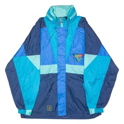 JEANTEX Mens Rain Jacket Blue 90s Hooded Colourblock S