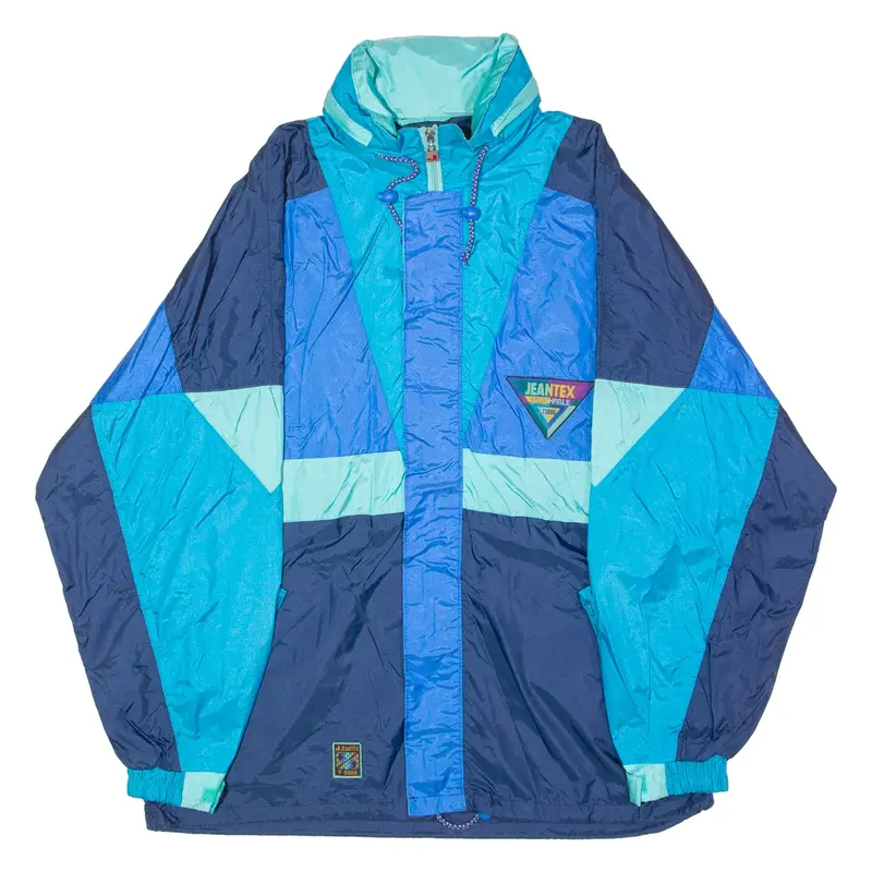 JEANTEX Mens Rain Jacket Blue 90s Hooded Colourblock S