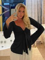 Women's Solid Knot Front Split Hem Tee, Casual Basic Long Sleeve Sweetheart Neck T-shirt for Fall, T Shirts for Women, Women'...