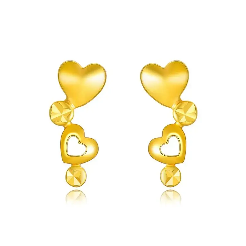 18K Yellow Gold Heart With Heart Stud Earrings For Women