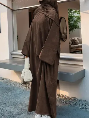 Women's Solid Color Split Sleeve Corduroy Robe, Modest Long Sleeve Round Neck Robe for Fall & Winter, Women's Islamic Clothin...