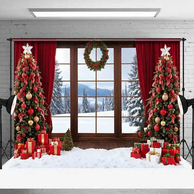 Aperturee Window Outside Snowy Scene Wreath Christmas Backdrop - Aperturee