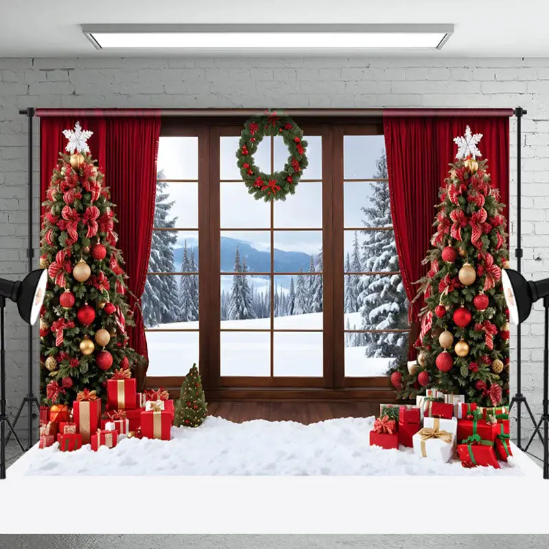 Aperturee Window Outside Snowy Scene Wreath Christmas Backdrop - Aperturee