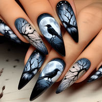 24PCS Gothic Acrylic Press On Nails - Crow & Moon Stiletto Fake Nails for Halloween & Cosplay, Long-Lasting & Reusable