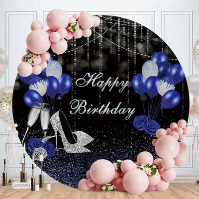 Aperturee Round Black White Marble Happy Birthday Backdrop | Circle Party Backdrop | Circle Birthday Backdrop Cover | Custom ...