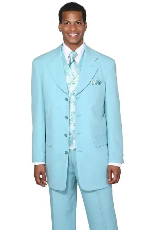 Sky Blue Men's 4-Button Fashion Suit with Paisley Vest