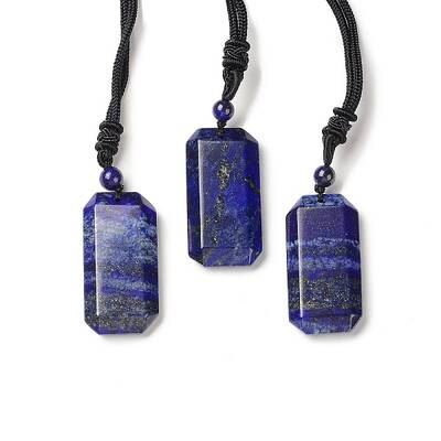 Natural Lapis Lazuli Rectangle Pendant Necklace with Nylon Cord for Women