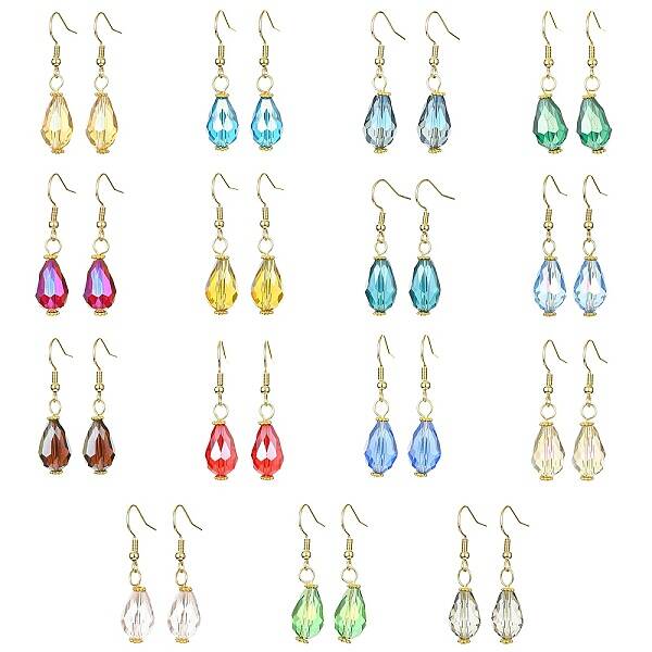 15 Pair 15 Color Glass Teardrop Dangle Earrings