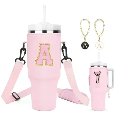 A-Z Water Bottle Holder Bag for Tumbler Cup with 2 Letter Charm & 1 Self-adhesive Chenille Letter, Summer Essentials Bottle ...