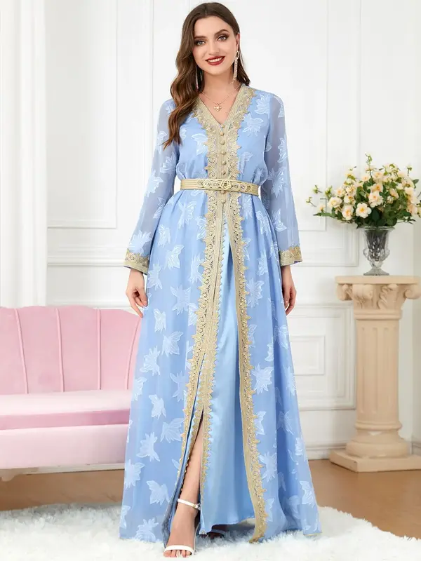Women's Appliques Button Long Sleeve V Neck Belted Split Dress Set, Asian Suits Eid, Chic Modesty Elegant Maxi Dress, Spring ...