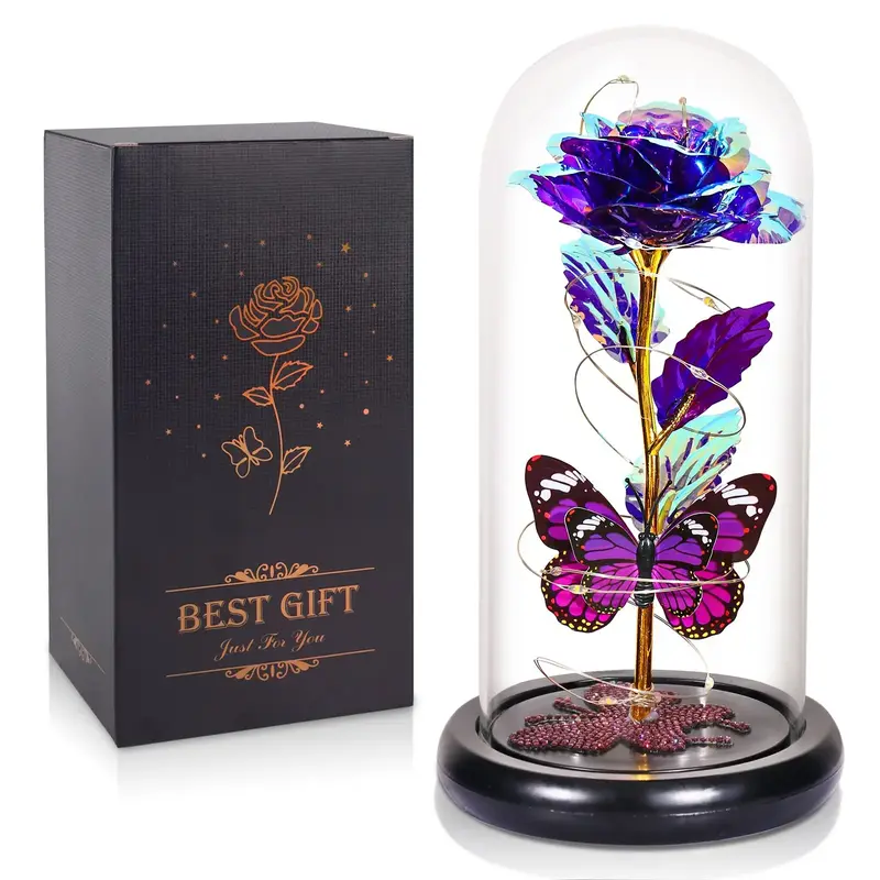 DEEMEI Memorial Day Gift Eternal Rose Flower Led Light Up Rose in Glass Dome with Butterfly for Mom Girlfriend Boyfriend Daug...