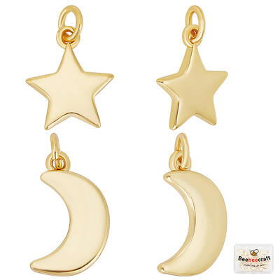 Beebeecraft 20Pcs 2 Style Star and Moon Charms 18K Gold Plated Crescent Moon Dangle Pendants with Jump Ring for DIY Jewelry M...
